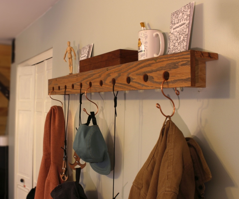 Wall Mounted Coat Rack Rustic Dark Stain Wood Shelf Hooks
