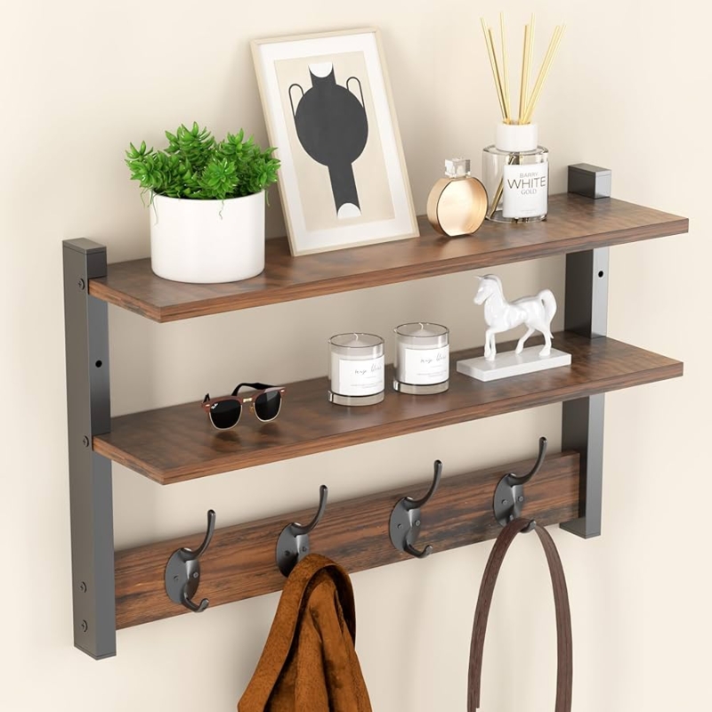 Wall Mounted Coat Rack: Two Tier Design, Wood Toned, Black Double Hooks.