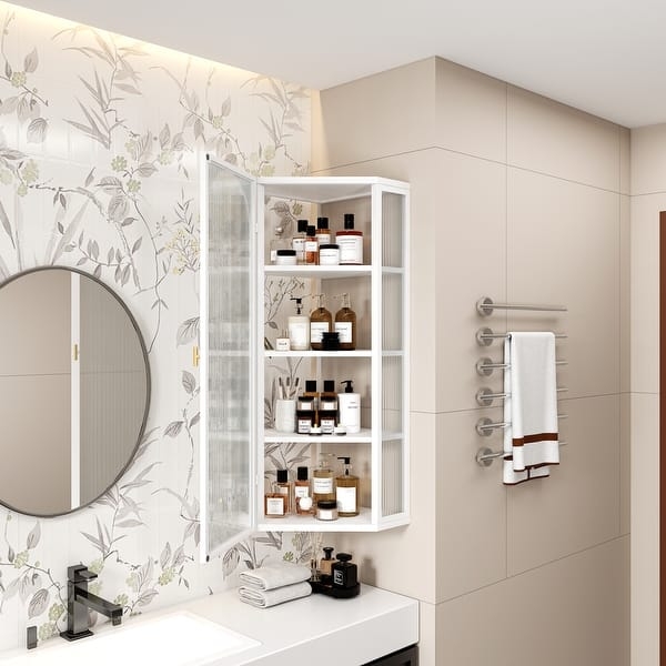 Wall Mounted Corner Bathroom Cabinet with Glass Door and Open Shelf