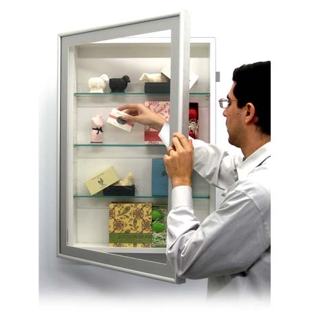 Wall-Mounted Display Cabinet, Brushed Silver Frame, Three Glass Shelves