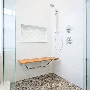 Wall Mounted Folding Shower Seat Teak Wood Appearance Polished Chrome