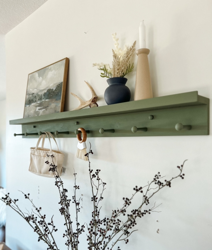 Wall Mounted Peg Rack: Natural Wood, Hanging Pegs, Top Ledge. Scandi Entryway.