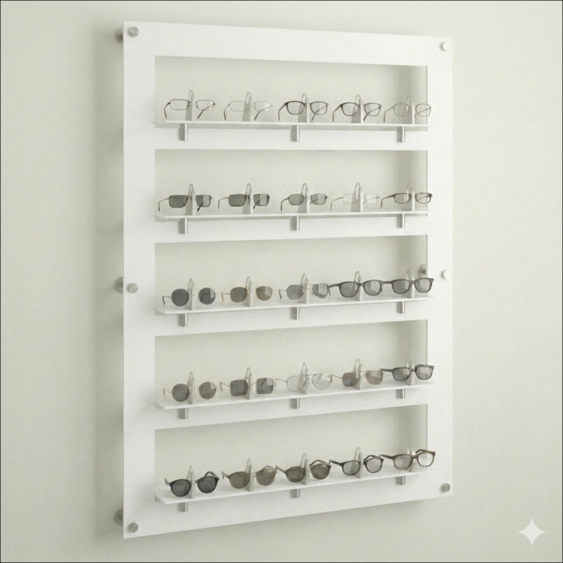 Wall Mounted Shelf Polar White Eyewear Cutouts Retail Display Unit