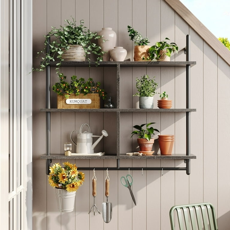 Wall Mounted Shelves, Three-Tier, Pipe Frame, Charcoal Finish.