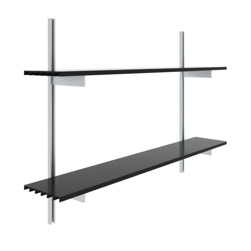 Wall Mounted Shelving Slotted Rails Wood Toned Black Metal Modern