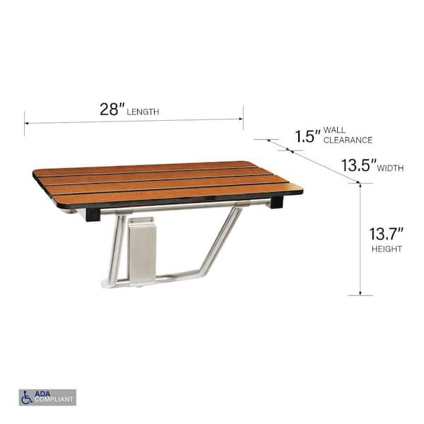 Wall-Mounted Shower Bench, Folding Design, Wood-Toned.