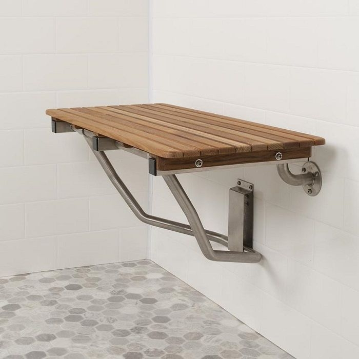 Wall-Mounted Shower Seat, Folding, Wood-Toned Slats.