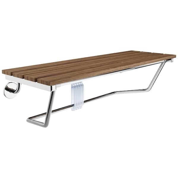 Wall-Mounted Shower Seat, Polished Chrome, White Slats.