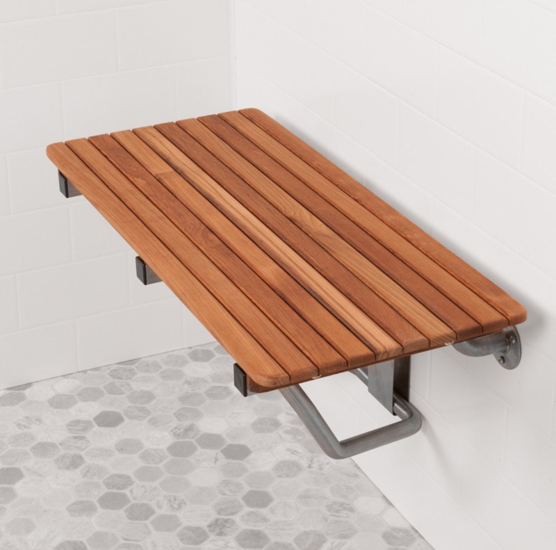Wall Mounted Shower Seat with Folding Teak Slats and Chrome Brackets
