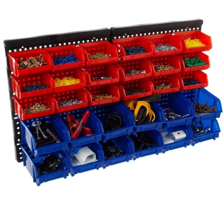 Wall Mounted Small Parts Organizer with 30 Color Coded Dual Size Bins