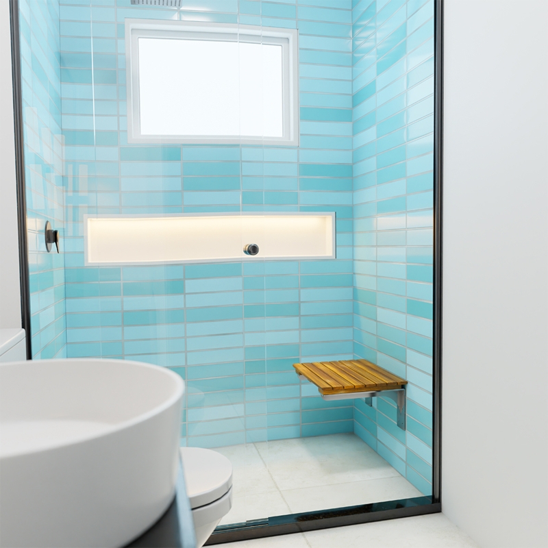 Wall Mounted Teak Shower Bench Slatted Seat Floating Space Saving Design