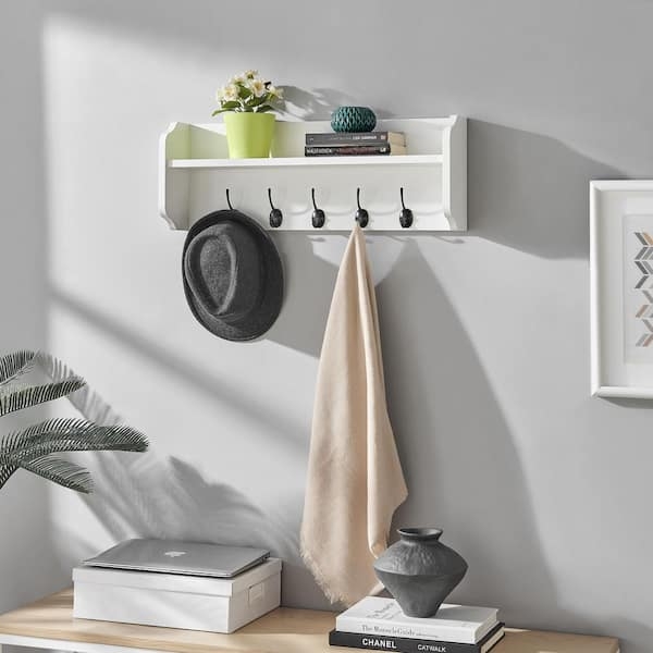 Wall Mounted White Utility Shelf with Cubby Compartments & Hooks