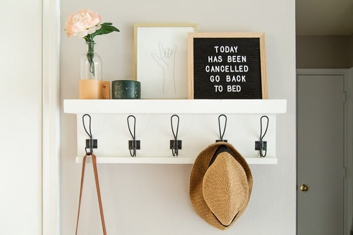Wall Rack: Light Wood Finish, Slim Profile. Entryway Shelf with Hooks.
