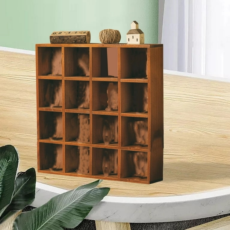 Wall Shelf, 16-Cubby Grid, Dark Stained Finish for Display