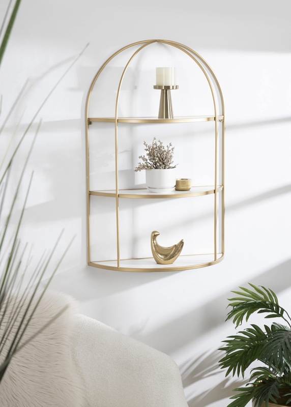 Wall Shelf 3-Tier Arched Side Frame Gold and White Contrast