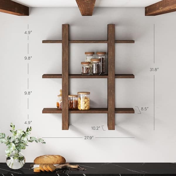 Wall Shelf 3-Tier Wire Brushed Dark Brown Staggered Layout