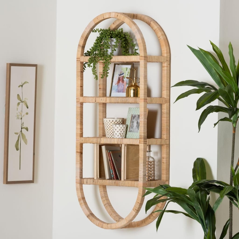 Wall Shelf, Arched Natural Rattan with Woven Mesh Backing.