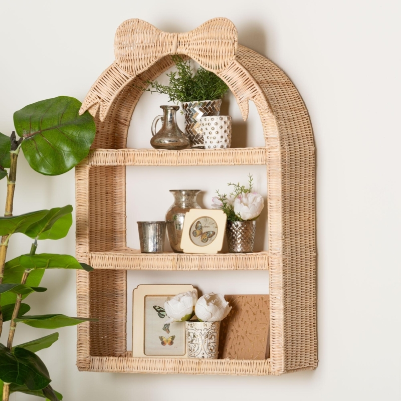 Wall Shelf, Arched Rattan with Decorative Bow Accent.