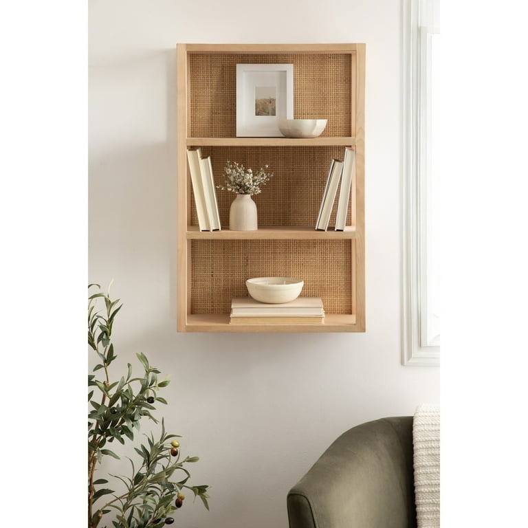 Wall Shelf, Arched Three-Tier with Woven Rattan Side Panels.
