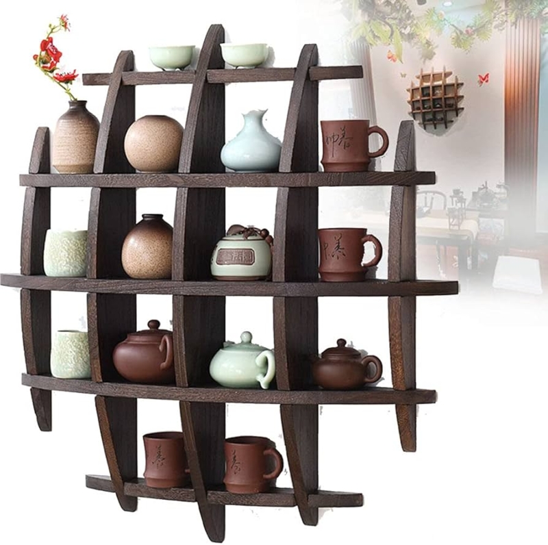 Wall Shelf Asymmetrical Grid Circular Frame Wood Toned Display