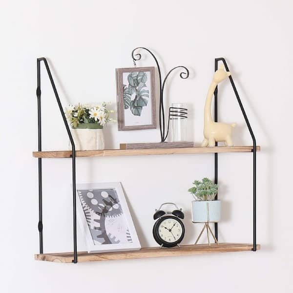 Wall Shelf Black Metal Brackets Light Wood Two Tier Industrial