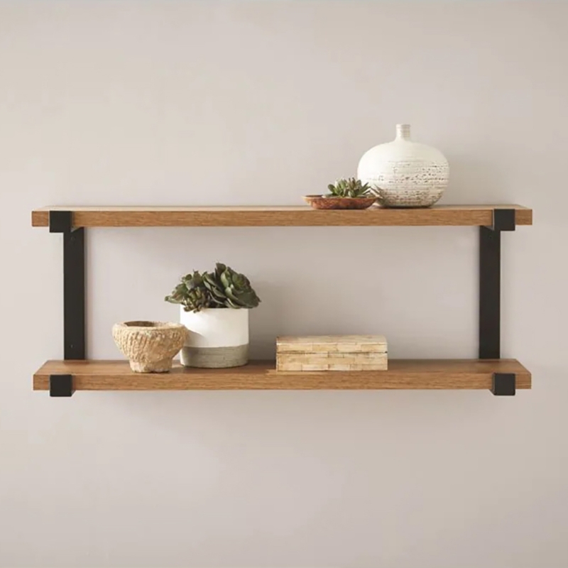 Wall Shelf Curved Black Metal Frame Two Tier Industrial Modern