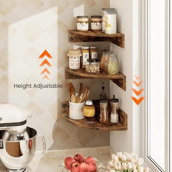 Wall Shelf Dark Brown Finish Set of Three L-Shaped Floating Wood Toned