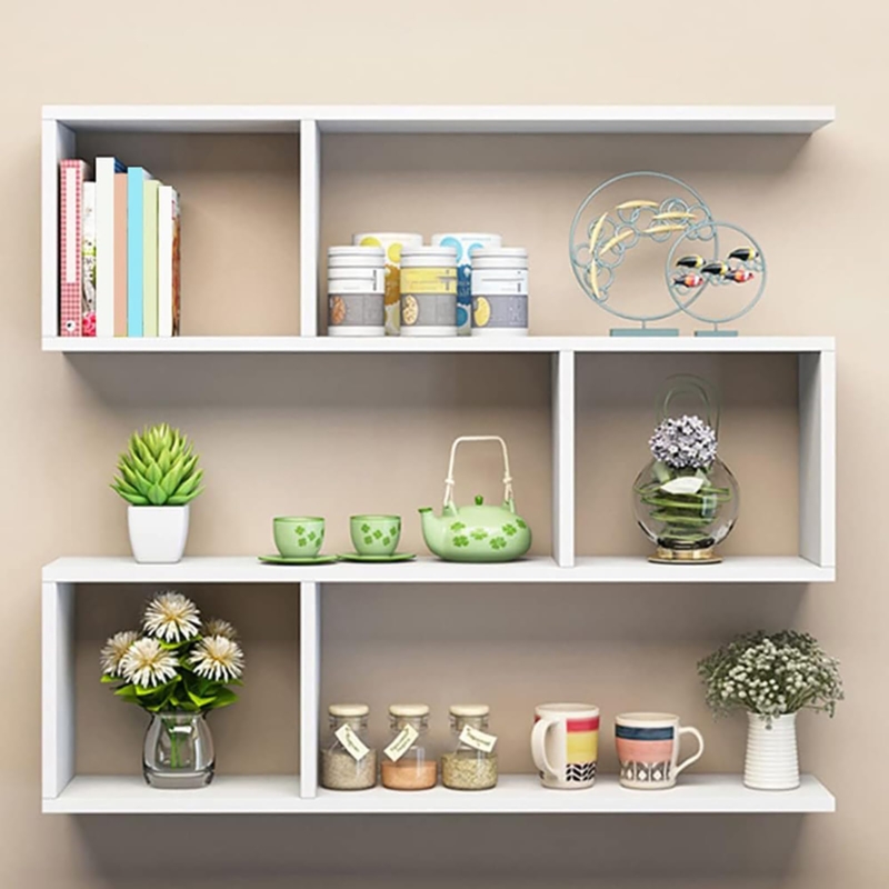 Wall Shelf Dark Wood Geometric Tiered Layout Interlocking (68 chars)