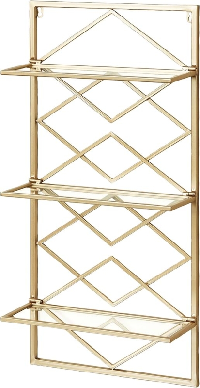 Wall Shelf Diamond Interlink Frame Three Glass Shelves Gold