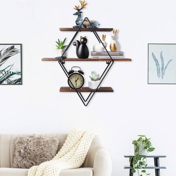 Wall Shelf Diamond Shape Geometric Frame Mixed Materials Tiered (73 chars)