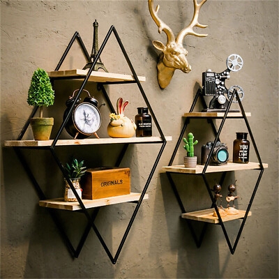 Wall Shelf Diamond Silhouette Industrial Wood Metal Three Tier (74 chars)