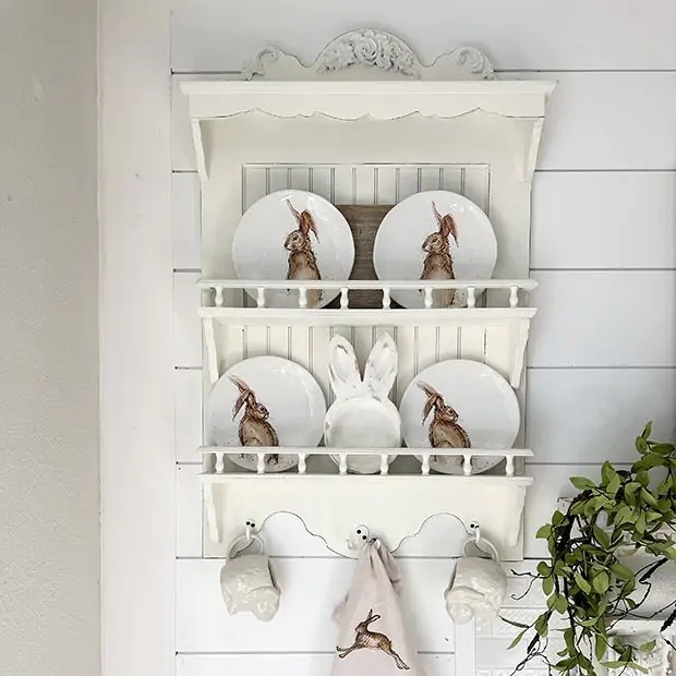 Wall Shelf Farmhouse Whitewashed Wood Plate Slots Integrated Hooks