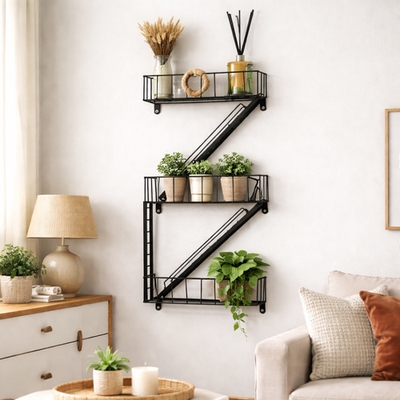 Wall Shelf Fire Escape Design Miniature Ladders Black Metal Three Tier