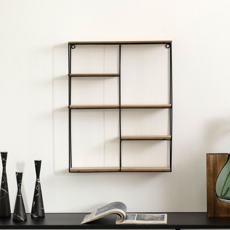 Wall Shelf Four Tier Black Metal Frame Wood Open Back Storage