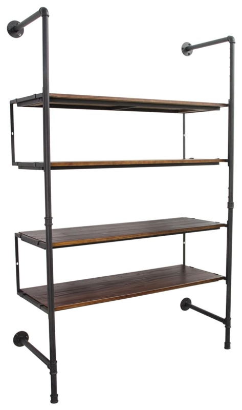 Wall Shelf, Four-Tier Design, Pipe Style Brackets, Dark Brown Finish.