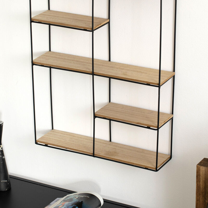 Wall Shelf Four Tier Wire Mesh Back Black Metal Wood Industrial