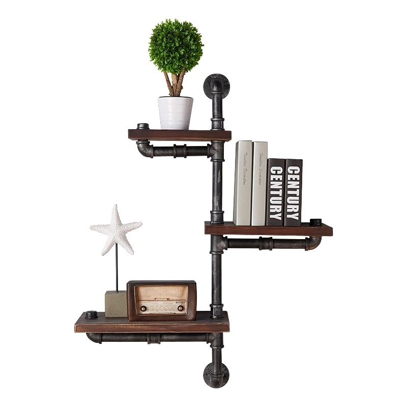 Wall Shelf Geometric Metal Frame Walnut Toned Floating Design