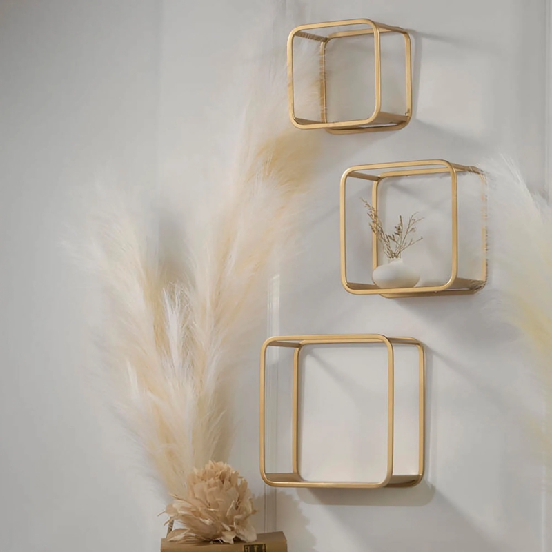 Wall Shelf Gold Metal Geometric Openwork Cube Shape Glam Decor