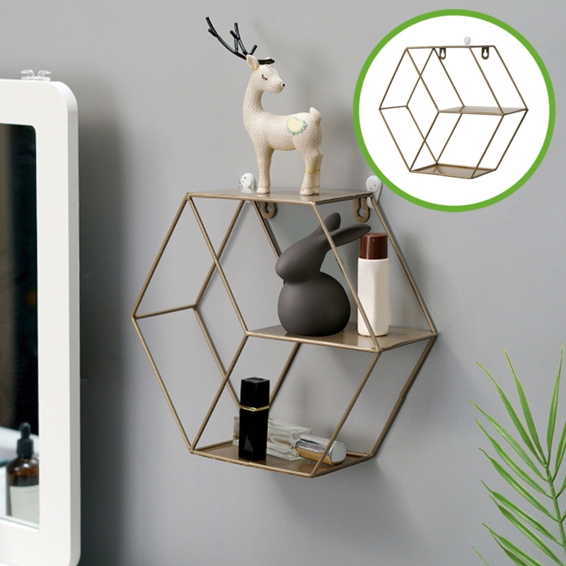 Wall Shelf Hexagonal Form Wireframe Back Black Industrial Wire (74 chars)