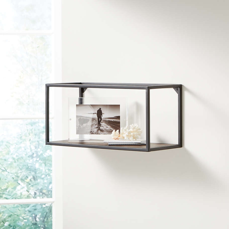 Wall Shelf Horizontal Grid Black Metal Wood Industrial Display