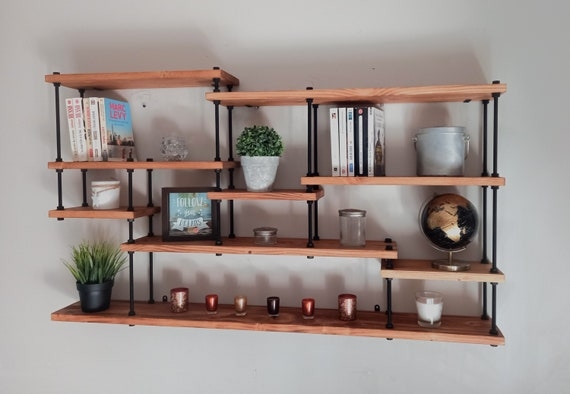 Wall Shelf Industrial Pipe Brackets Wood Toned Planks Rustic Decor (68 chars)