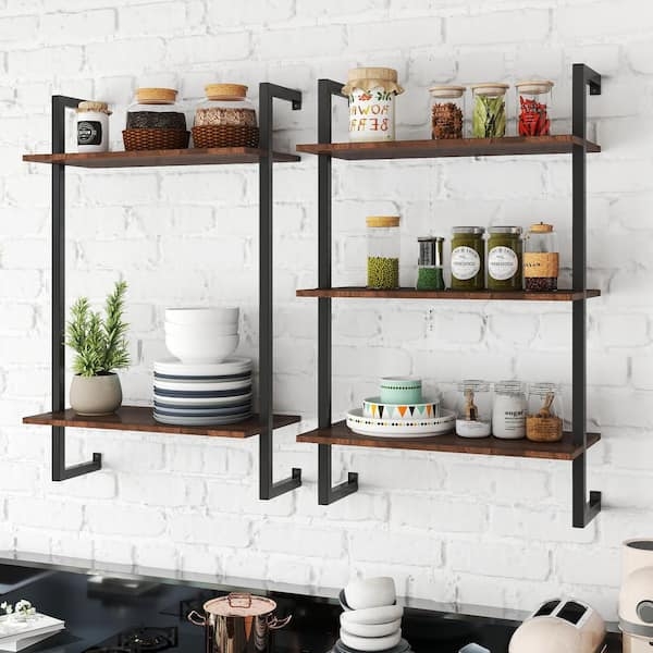 Wall Shelf Industrial Pipe Frame Rustic Wood Planks Multi Tier Storage