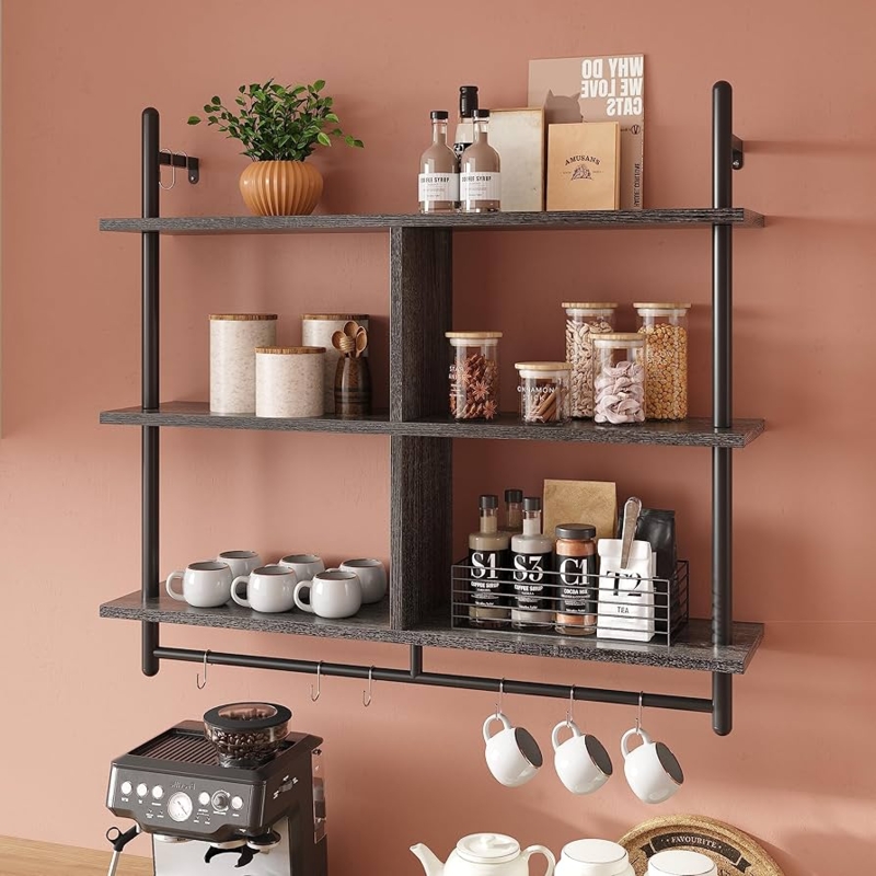 Wall Shelf Industrial Pipe Frame with Integrated Hooks