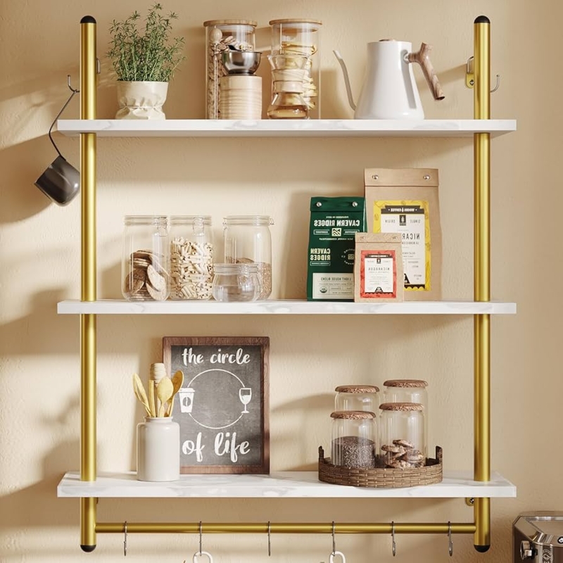 Wall Shelf Industrial Pipe Marble Pattern Shelves Integrated Hooks