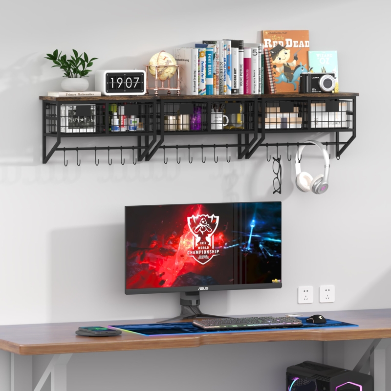 Wall Shelf Industrial Wood Metal Wire Basket Guard Rail Hooks