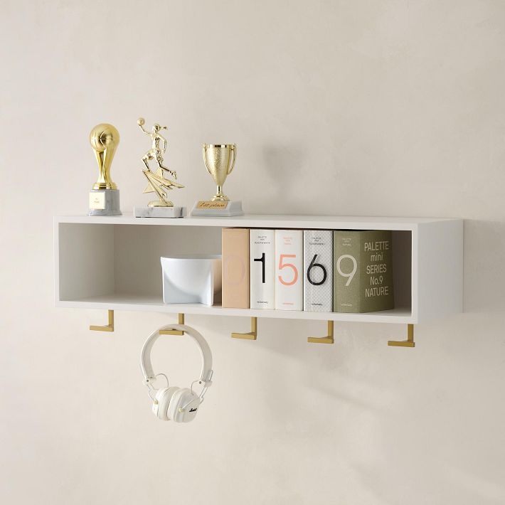 Wall Shelf Integrated Hooks Gold Hanging Rod Curved Brackets