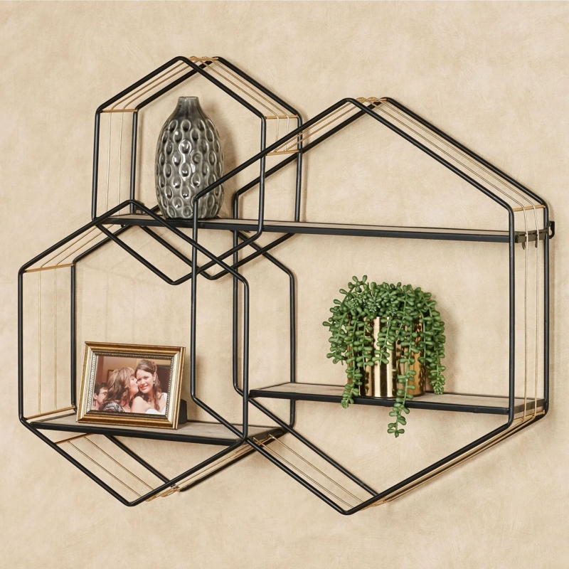 Wall Shelf Interlocking Hexagons Gold Shelves Black Frame Glam (75 chars)