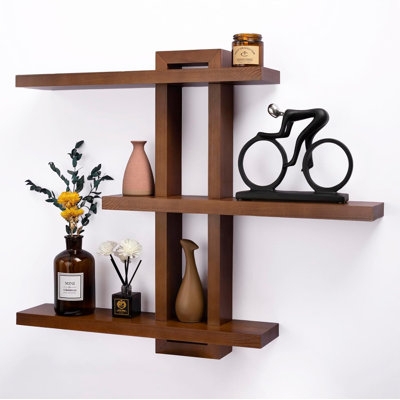 Wall Shelf Interlocking Rectangles Walnut Finish Modern Farmhouse