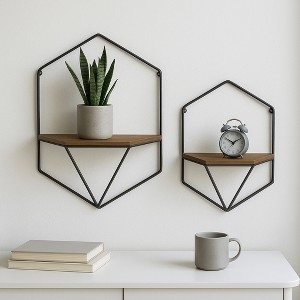 Wall Shelf Metal Frame Geometric Wood Tiers Industrial Rustic (73 chars)