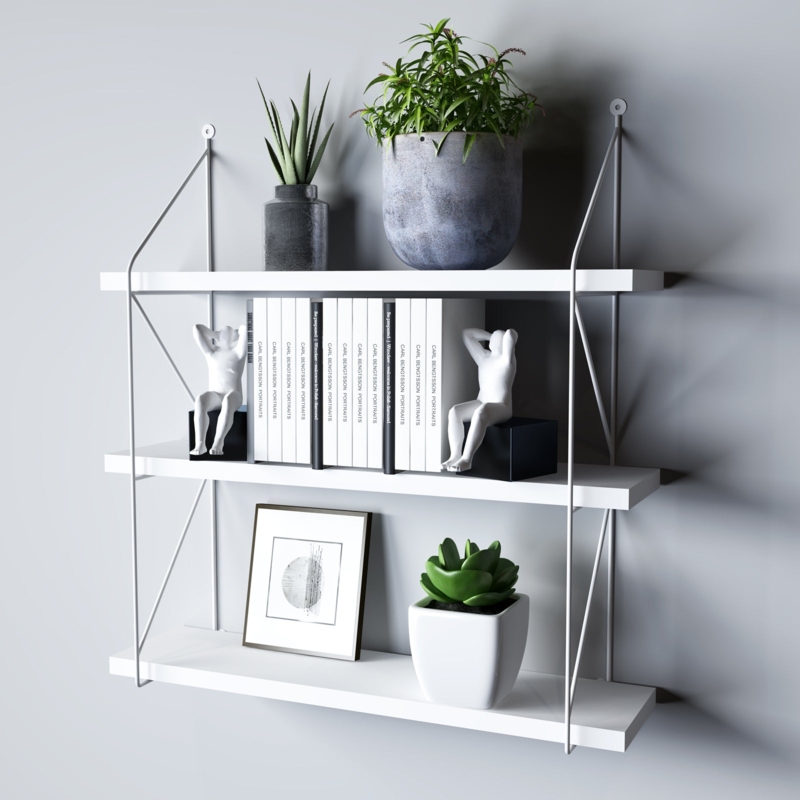 Wall Shelf Modern White Three Tier Vertical Side Rails Display